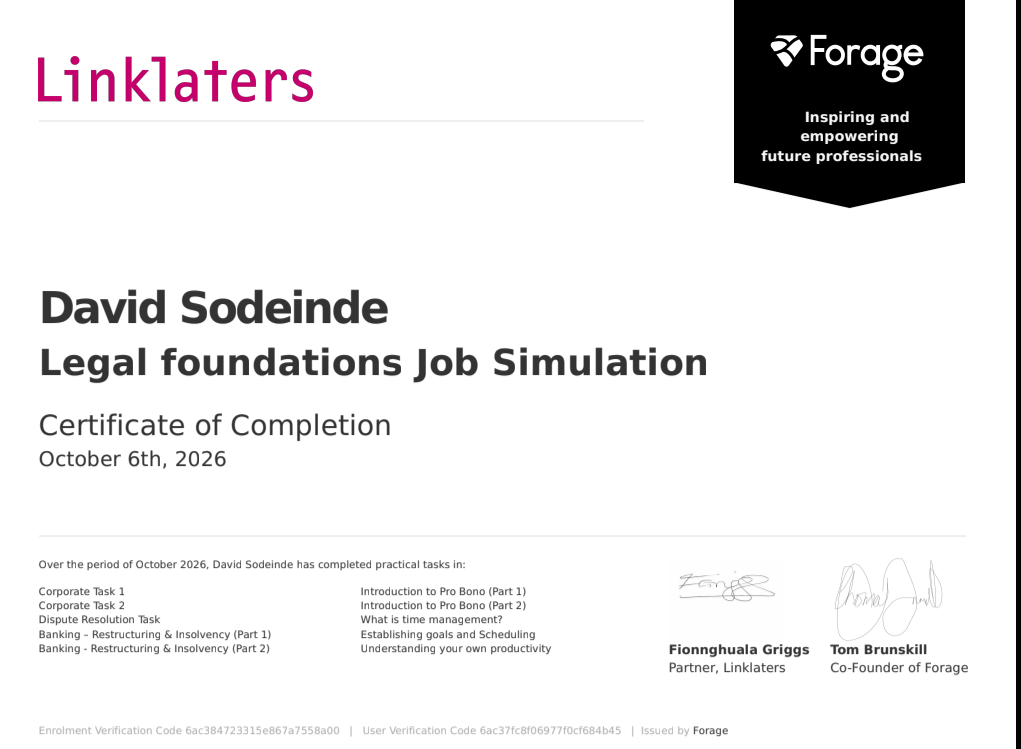 Linklaters – Legal foundations Job Simulation  on Forage